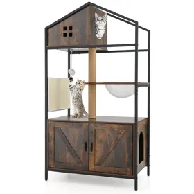Meilleurs prix pour CostwayMeuble pour Chat avec Compartiment Bac à Litière Poteaux à Gratter et Tapis Capsule Transparente Balle Suspendue Aérations Marron Rustique