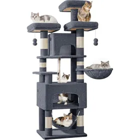 Meilleurs prix pour Grand Arbre à Chat Hauteur 156 cm XL Tour de Jeux pour Chats Intérieur avec 7 Griffoirs 3 Plateformes 2 Niches Gris Foncé