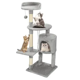 Comparer les prix de UKING-Arbre à chat 40 x 40 x 114cm - 3 plateformes 1 corde 1 niche  poteaux à griffer - Gris clair