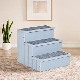Comparer les prix de Escalier pour animal 3 marches en bois de sapin et feutre aiguilleté gris avec rangement intégré L40 5 x P44 5 x H38 cm