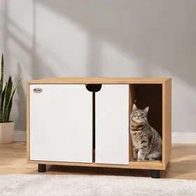 Meilleurs prix pour Meuble cache-litière pour chat 80 cm style scandinave 2 portes panneaux de particules finition chêne et blanc