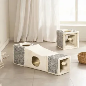 Meilleurs prix pour Tunnel pour chat 98 cm en panneaux de particules avec abris et balle suspendue crème