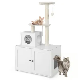 Comparer les prix de COSTWAY Arbre à Chat en Bois 132CM avec Maison de Toilette pour Chat à 2 Porte, Griffoir en Sisal, Niche et Pompon Suspendu, Blanc