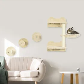 Comparer les prix de Arbre à chat mural 4 pièces avec griffoir hamac et plateforme - MEUNIQ - en plush beige 40 × 28 × 73 cm