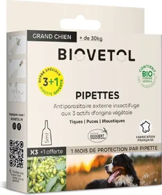 Meilleurs prix pour BIOVETOL Pipettes insectifuge grand chien Bio - Lot de 2x 3 pipettes +1 OFFERTE