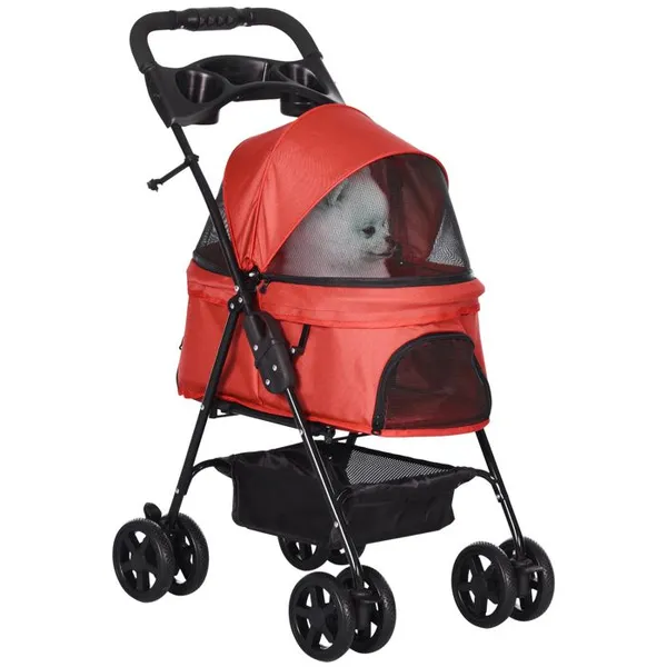 Poussette buggy pliable chien chat panier rangement porte-gobelets tissu 300D Oxford imperméable 4 roues rouge – photo 5