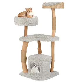 Comparer les prix de CostwayArbre à Chat en Bois 124 CM avec Perchoir Supérieur en Quenouilles et Condo Tour à Chat avec Coussin Moelleux Confortable Gris