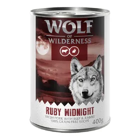 Comparer les prix de Wolf of Wilderness "Red Meat" 6 x 400 g pour chien Ruby Midnight : porc, bœuf, lapin