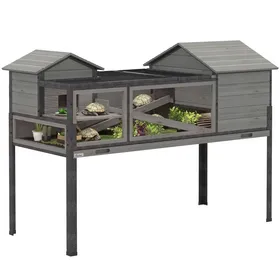 Meilleurs prix pour Maison pour tortues - PawHut - 2 étages 2 chambres fenêtres rampes toit ouvrable et plateau - bois - 128x63x96cm - gris