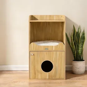 Meilleurs prix pour Meuble cache-litière pour chat 3 niveaux en panneaux de particules aspect chêne 60 x 45 x 103 cm