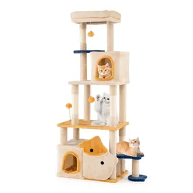 Comparer les prix de CostwayArbre à Chat Mignon de 163cm avec 2 Condos Perchoir en Peluche Amovible Poteaux à Griffer en Sisal Plateformes en Forme de Poisson Jaune