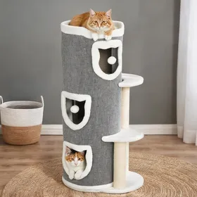 Comparer les prix de Arbre à chat cylindrique en panneaux de particules couleur gris 50 x 36 x 101 cm avec 3 cachettes et zone de jeu interactive