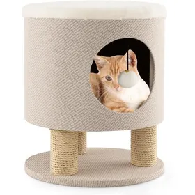 Meilleurs prix pour GOPLUS Maison de Chat 3 en 1 avec Griffoirs Balle en Peluche Arbre à Chat Transformable en Tabouret-Pouf Beige