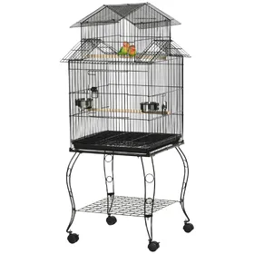 Comparer les prix de PawHut Cage pour Oiseaux d'Intérieur en Bois avec Plateau, 4 Roues et Perchoir, 50x49x137cm