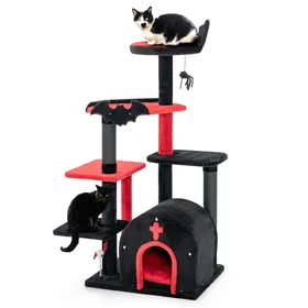 Meilleurs prix pour CostwayArbre à Chat Gothique Tour à Chat de 134 cm de Haut avec Lit Centre d'Activités à 6 Niveaux Mobilier d'Halloween d'Intérieur Noir+Rouge