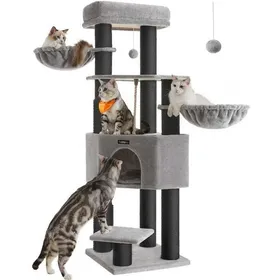 Comparer les prix de Arbre à Chat Grand et Stable avec Tapis Chaud, Auto-toiletteurs, Poteaux à Griffer, 50 x 50 x 160 cm, Gris Tourterelle et Noir