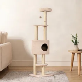 Meilleurs prix pour Arbre à chat 148 cm beige lin: niche 4 jouets et griffoirs en sisal pour intérieur
