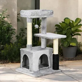 Comparer les prix de Arbre à chat design avec panier lavable et bac à litière gris classique 48x48x85 cm