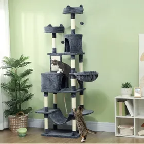 Meilleurs prix pour Arbre à chat 206 cm avec niches, hamacs et poteaux en sisal gris foncé