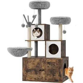 Meilleurs prix pour Arbre à chat avec armoire 140 cm de haut en bois avec griffoir balle de levage griffoir et perchoir supérieur (marron chêne)