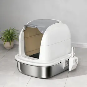 Meilleurs prix pour Bac à litière fermé avec couvercle rabattable en acier inoxydable finition blanc 52 4 x 41 3 x 42 cm pour chat