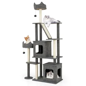 Meilleurs prix pour CostwayArbre à Chat de 180 cm Tour pour Chat à Plusieurs Niveaux avec Griffoirs Planche en Sisal et Echelle 2 Cabanes Amovibles Perchoir Gris