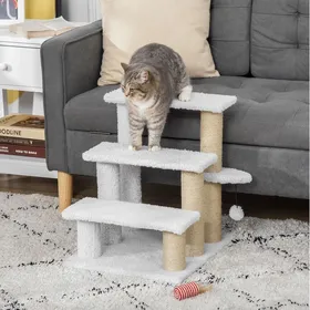 Meilleurs prix pour Escalier pour chat 3 niveaux avec griffoirs en jute peluche blanche 40 x 45 x 48 cm jusquà 5 kg