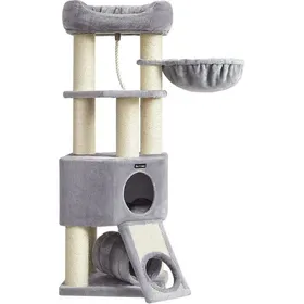 Meilleurs prix pour FEANDREA Grand Arbre à Chat, Tour de Jeux Taille M, Griffoir, 50 x 50 x 141 cm, Gris Clair et Couleur Boisée PCT002N01
