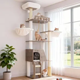 Comparer les prix de Arbre à chat en bois 184 cm - multi-étages avec griffoir hamac et niche intégrés - gris vintage