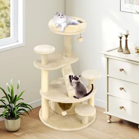 Comparer les prix de Arbre à Chat Multi-Niveaux COSTWAY Condo Perchoir Poteaux à Griffer Boule en Peluche Suspendue Platesforme Échelle dEscalade
