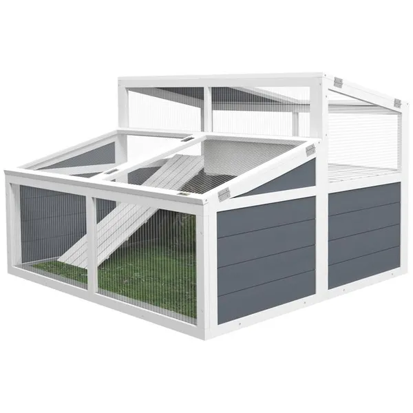 Maison enclos cage - PawHut - pour petit animal tortue, avec 2 espaces toit en polycarbonate - 3 portes - rampe - gris – photo 2