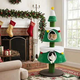 Meilleurs prix pour COSTWAY Arbre à Chat en Forme de Sapin de Noël 2 Nids Confortables Poteaux en Sisal Base Anti‑Renversement 69×69×156 cm