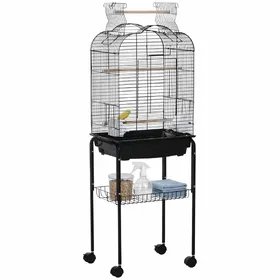 Meilleurs prix pour PawHut Cage à oiseaux volière amovible sur roulettes - toit ouvrant, tiroir déjection, 2 perchoirs, 2 trappes, porte, 2 mangeoires, 2 poignées - étagère - acier PP noir