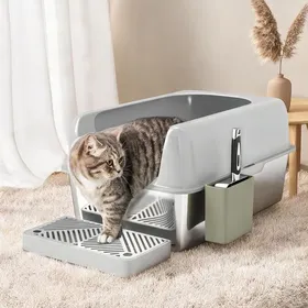 Meilleurs prix pour Bac à litière compact avec bords hauts ABS et acier inoxydable gris clair - Gris clair ABS 60.2 x 40.6 x 29 cm Ref 334UT1
