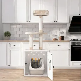 Comparer les prix de Arbre à chat avec cache-litière intégré en peluche crème et MDF design gain de place 129 cm style scandinave