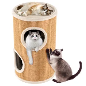 Comparer les prix de CostwayTonneau Griffoir Chat à 3 Étages Tapis à Griffer en Sisal Tour Chat avec Coussin 2 Grandes Entrées 36 × 36 × 59,5 cm Charge 15kg Brun