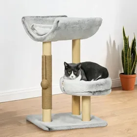Meilleurs prix pour Arbre à chat design 60 cm en panneau de particules gris avec niches douillettes et jeu de boule suspendue
