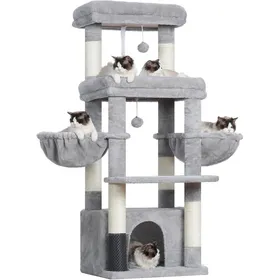 Comparer les prix de Arbre à chat pour grands chats - LEVYS - 2 grandes plateformes - 2 hamacs - Grand niche - Peigne à toilettage