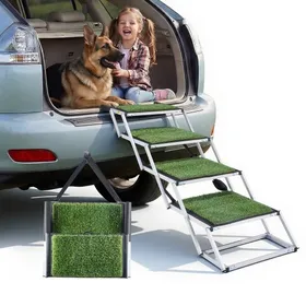 Comparer les prix de VEVOR Escalier pour Chien Voiture 4 Marches pour Chien Pliables pour SUV, Camions, Lits Hauts, Canapés, Animaux de Compagnie Charge 90,72 kg, avec Surface Antidérapante Gazon Synthétique, Portable