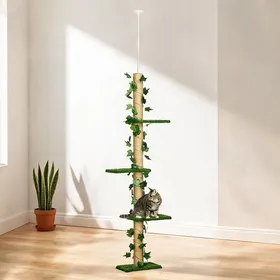 Meilleurs prix pour Arbre à chat ajustable du sol au plafond 202-242 cm revêtement jute et gazon panneau de particules