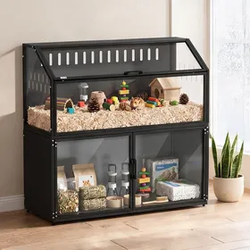 Meilleurs prix pour Cage pour rongeurs avec armoire de rangement intégrée en acier et acrylique noir 104 x 41 x 102 cm