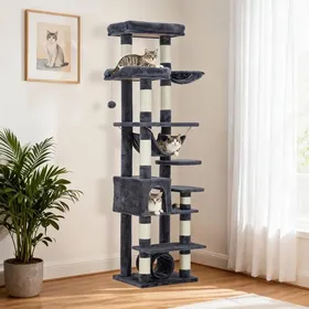 Comparer les prix de Arbre à Chat XXL Robuste 188cm  Idéal Grands Chats Niche Hamac 11 Poteaux Sisal Station Repas - Gris Foncé