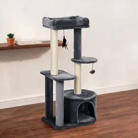 Meilleurs prix pour Arbre à chat bois gris avec niche plateformes et jouets suspendus – 100 cm – Peluche et sisal naturel