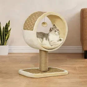 Comparer les prix de Arbre à chat dintérieur en panneaux de particules avec griffoir en jute et jouet souris beige-toned 40 x 30 x 56 cm