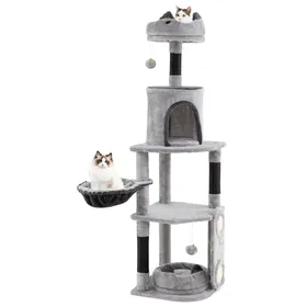 Meilleurs prix pour CostwayGrand Arbre à Chat Grande à Plusieurs Niveaux Poteaux et Planche à Gratter en Sisal Condo Perchoirs en Peluche Jouets Suspendus Hamac Gris