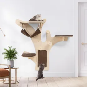Comparer les prix de COSTWAY Arbre à Chat Mural à 4 Niveaux, Etagères Murales pour Chat avec Perchoir, Hamac et Griffoirs, Coussins Rembourrés Lavables