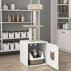 Comparer les prix de Arbre à chat avec cache-litière intégré en peluche crème et MDF design gain de - Crème Peluche MDF 52 x 47 x 129 cm Ref PV54DB