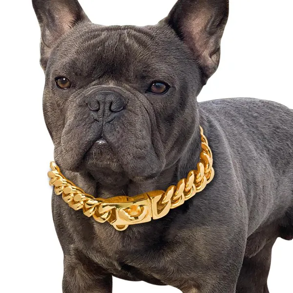 Collier pour chien en or 18 carats, chaîne à maillons cubains en acier inoxydable, collier pour animaux de compagnie en métal de 14 mm de large pour collier pour chien de petite, moyenne et grande taille 10inch(25cm) – photo 3
