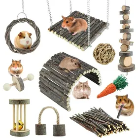 Meilleurs prix pour Accessoires cage hamster - Lot de 9 jouets en bois de pommier à ronger échelle pliable balançoire et bloc pour rongeurs