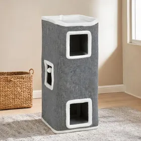 Meilleurs prix pour Arbre à chat 4 niveaux 41x41x100 cm – Cachettes peluche grise et boules de jeu - Gris Panneau de particules peluche 41 x 41 x